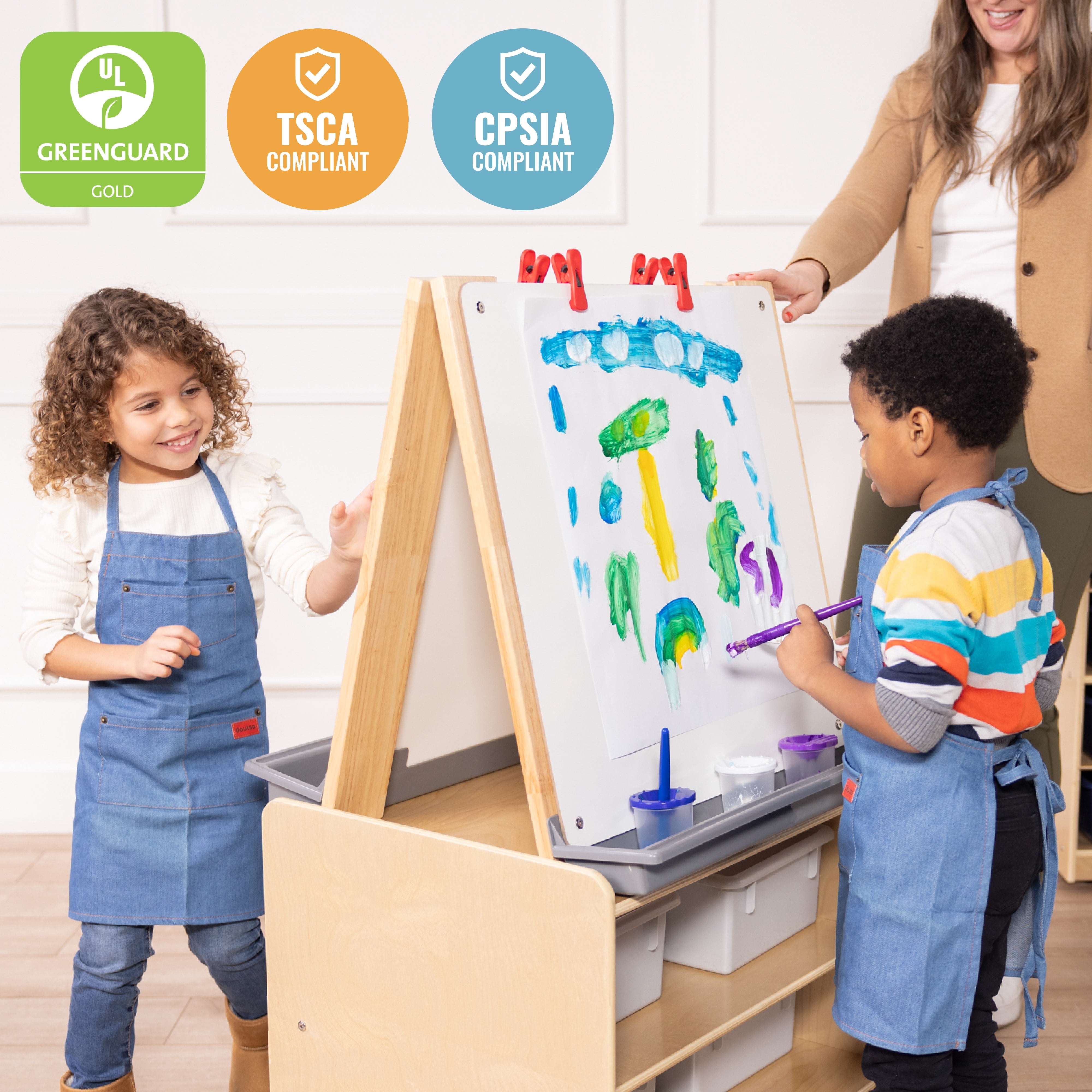 ECR4Kids Double-Sided Mobile Art Easel with Storage and Clips, Classroom Supplies, Natural