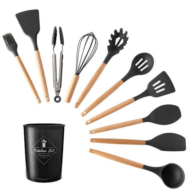 Amdohai 11 PCS Kitchen Utensils Set with Storage Bucket Wood Handle