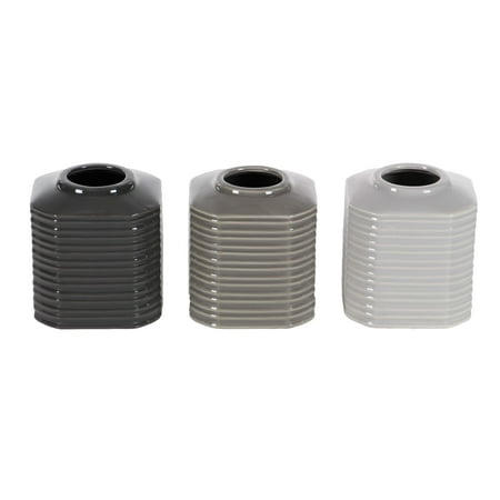 Ribbed Ceramic - Decmode Set of 3 contemporary 5 inch ribbed octagonal ceramic vases, Black, Gray, Off-White