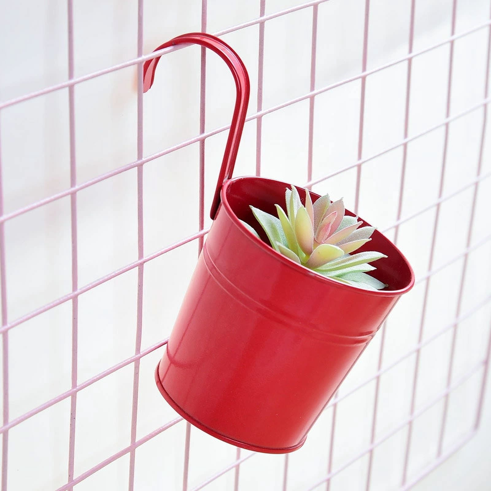 4 Pack Hanging Flower Pots, Metal Iron Plant Pot Holders, Large Fence Railing Balcony Garden Hanging Bucket Planters with Detachable Hooks for Indoor and Outdoor Decor,Red