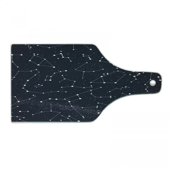 Constellation Cutting Board, Milky Way Inspired Pattern with Cluster of Fixed Stars in Night Sky, Tempered Glass Cutting and Serving Board, Wine Bottle Shape, Blue Dark Blue White, by Ambesonne