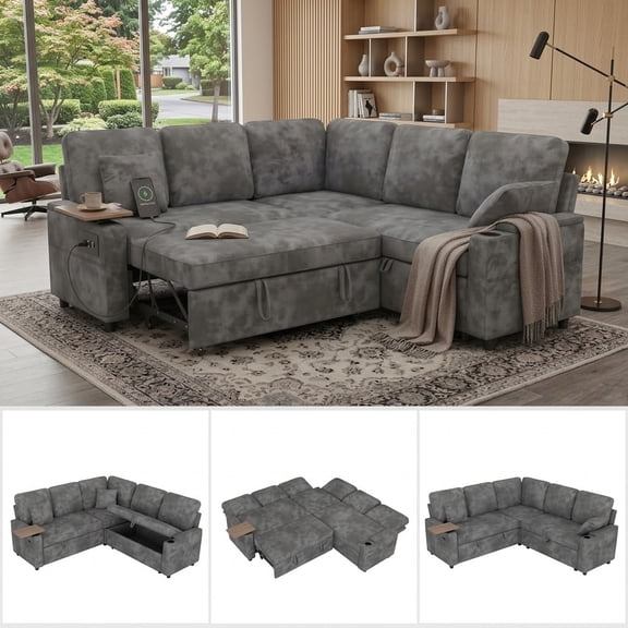 EPOWP 81" Sectional Sleeper Sofa, 5-Seater L-Shaped Modular Couch with Pull-Out Bed, Storage Chaise, USB & Type-C Charging Ports, Cup Holders, Chenille Sofa for Living Room, Apartment,Gray