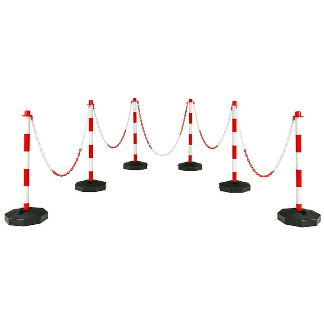 Gymax 6 Pcs Barrière de Sécurité avec Poteau Délimateur de Circulation, Chaînes de Liaison de 5 Pi, Blanc et Rouge