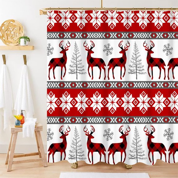 Christmas Shower Curtain, Red Xmas Deer Shower Curtain Snowflake Pine Shower Curtain with Hooks for Christmas New Year Bathroom Decor, 72x72 Inch
