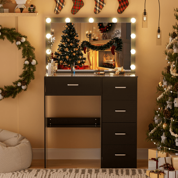 Jarbalai Vanity Desk with Mirror and Lights, Elegant Black Dressing Table with 5 Drawers, Large Lighted Mirror