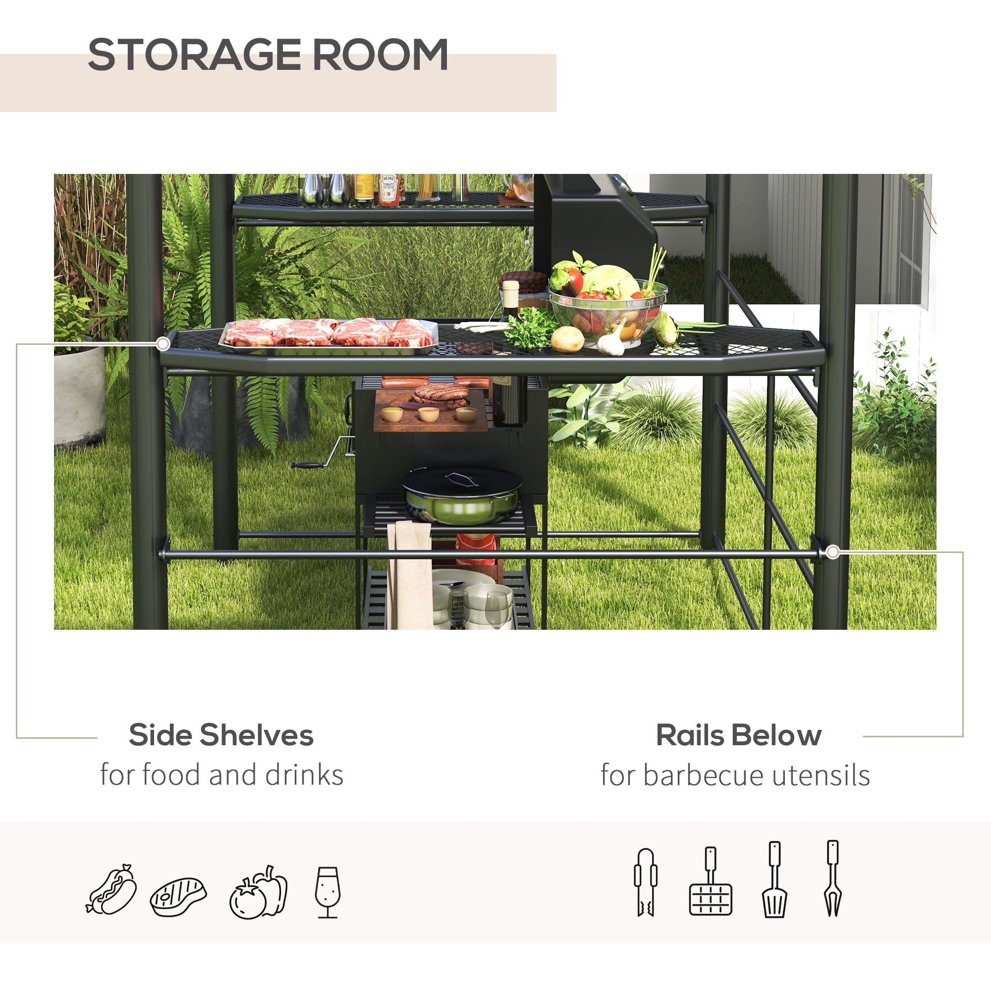 Outsunny 8' x 5' Grill Gazebo Shelter with Interlaced Vented Polycarbonate Roof, Outdoor BBQ Gazebo with Side Shelves for Hanging Tools