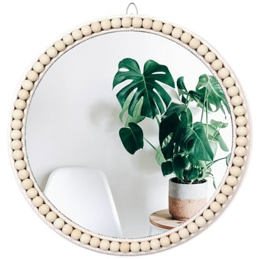 XGVGI 17" Round Wall Mirror, Boho Hanging Round Mirror, Wall Decor for Bedroom, Bathroom, Living Room, Beige