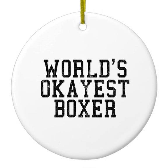 DistinctInk Hanging Ceramic Christmass Tree Ornament with Gold String - Great Gift / Present - 2 3/4 inch diameter - World's Okayest Boxer