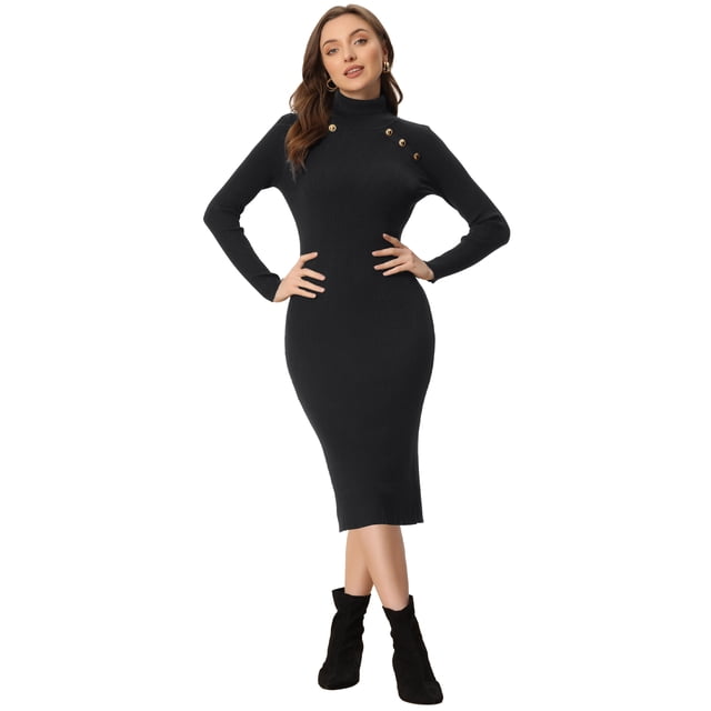 Vestido de Punto Allegra K Vestido Elegante de Invierno para Mujer Manga Larga Negro XL