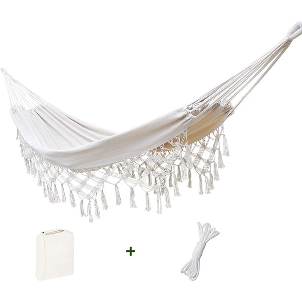 Hamaca doble para interiores y exteriores, hamaca portátil para acampar, hamaca grande de algodón suave para el hogar, terraza, jardín, porche, césped y jardín (blanco, carga: 226,8 kg) Afortunado Sencillez