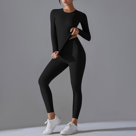 Frostluinai Sweatsuits for Women Workout Long Sleeve Stretch Yoga Tops High Waist Slim Fit Leggings Solid Sets 2 Piece Activewear for Women
