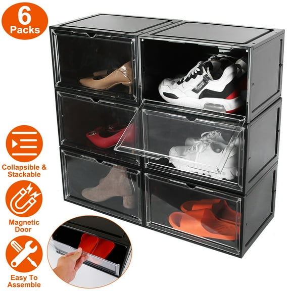 Moclever 3 Tiers Stackable Shoe Storage Bins Collapsible Shoe Box Transparent Dustproof Hard PP Shoe Organizer Container with Magnetic Door for Home Bedroom 6Packs, Black