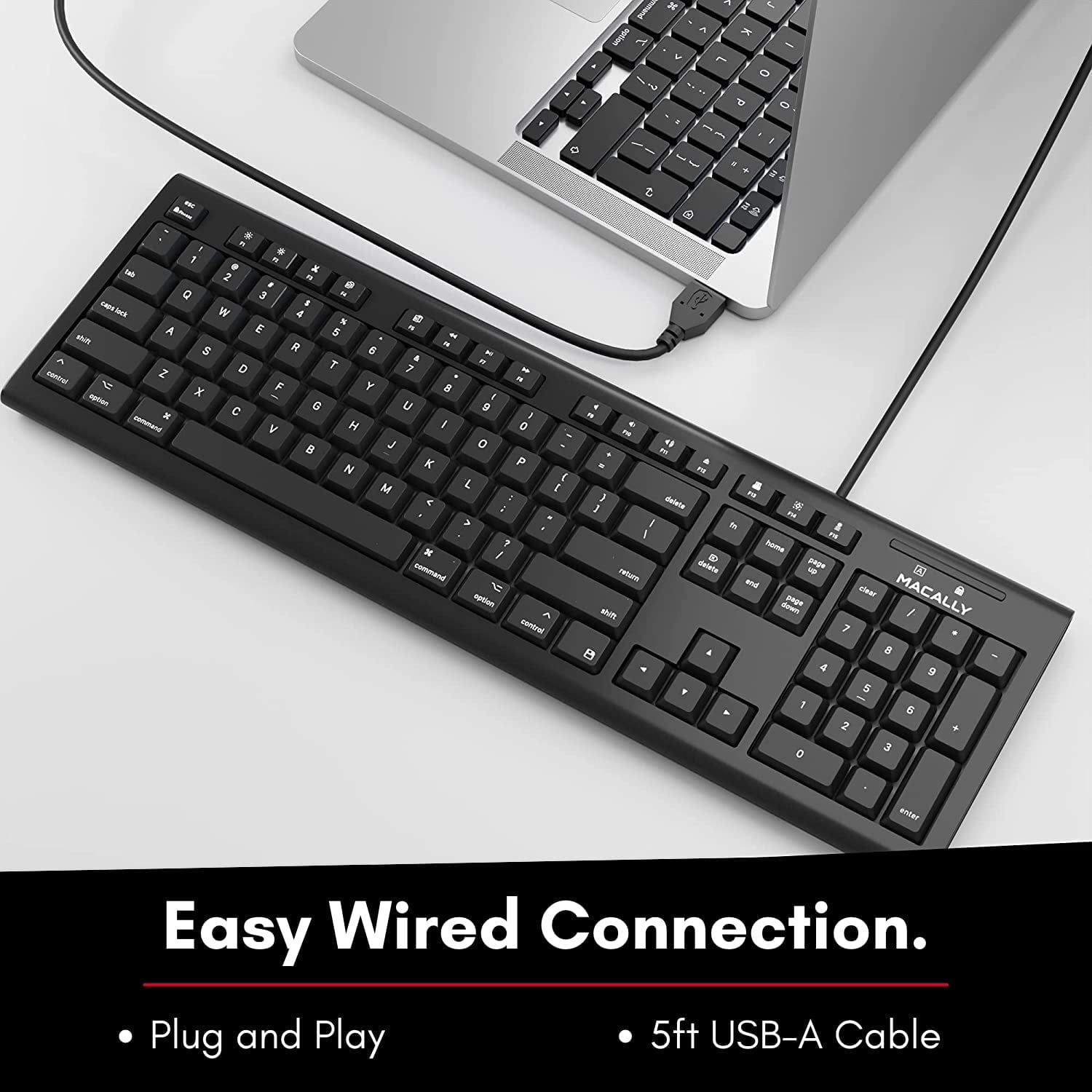 Macally Full-Size USB Wired Keyboard for Mac Mini/Pro, iMac Desktop Computer, MacBook Pro/Air Desktop w/ 16 Compatible Apple Shortcuts, Extended with Number Keypad, Rubber Domed Keycaps - Spill Proof