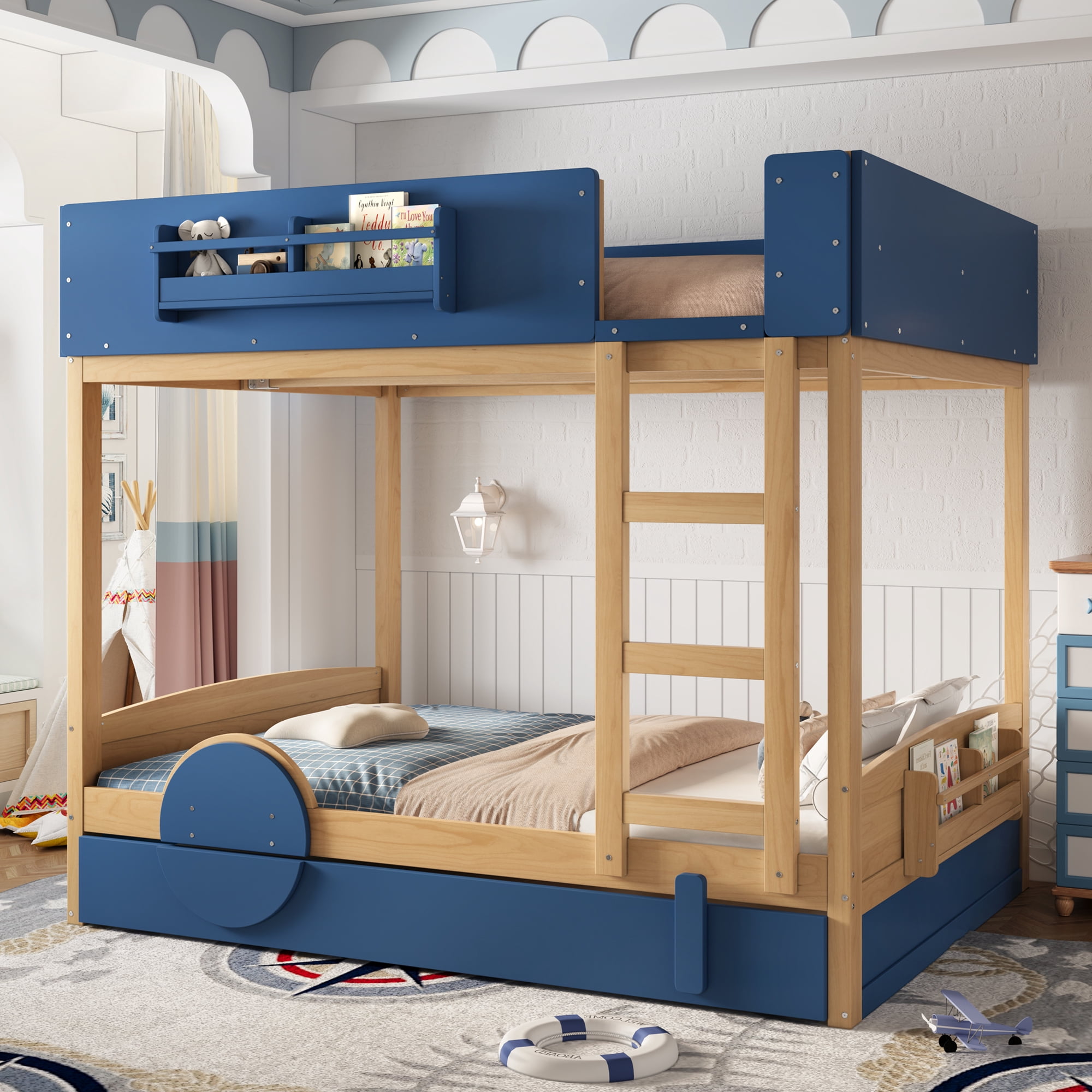 Mintazer Full Over Full Car Themed Bunk Bed with Trundle & Bookshelf, Modern Bunk Bed with Guardrail for Kids, Natural & Blue