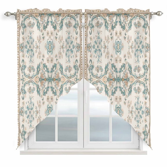 Swag Valance Curtains for Windows, Retro Boho Light Filtering Kitchen Curtains with Rod Pocket, Farmhouse Ethnic Nation Abstract Flowers Window Treatment Valances for Living Room, 28x36 - 2 PCS