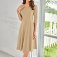 thumbnail image 2 of Qwertyu Plus Size 3/4 Sleeve Fall Dress for Women Crewneck Solid Color Midi Dress Trendy Casual A Line Dress Khaki XL, 2 of 5