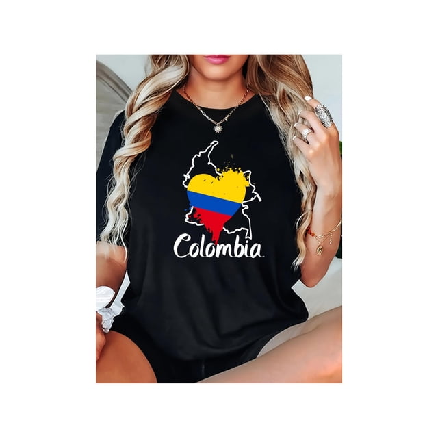 Women's 180g Cotton T-Shirt - Colombia Map & Flag Graphic Print, Soft Breathable Short Sleeve Round Neck Casual Top for Spring Summer Fall, Machine Washable Casual Attire, Ladies T Shirts