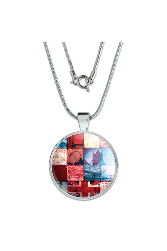 London England Britain Bridge Tile Collage 1" Pendant with Sterling Silver Plated Chain