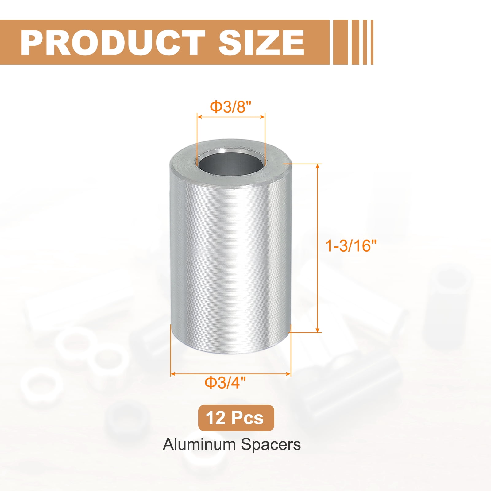 12PCS Aluminum Spacers, 3/8" x 3/4" Metal Spacers Aluminum 1-3/16" L Spacer Screw Standoff Round Unthreaded Standoff Bushing for 3/8inch Screw Bolts, Silver