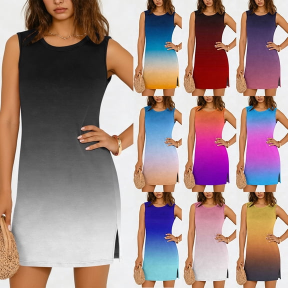VBVC Women's Gradient Sleeveless Mini Dress,Ladies Crew Neck Side Slit T-Shirt Dress,Summer Party Tank Dress For Women,Blue,S-2XL