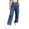 thumbnail image 2 of Nfurl Sweatpants for Women Wide Leg Pants Elastic Waist Drawstring Lounge Pants with Pockets Solid Color Open Bottom Casual Sweatpant Navy,XL, 2 of 8
