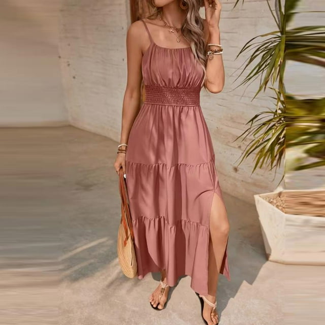 Women's Boho Maxi Dress, Summer Spaghetti Strap Wedding Guest Dresses Vacation Ruched Ruffle Flowy Sundress XXL