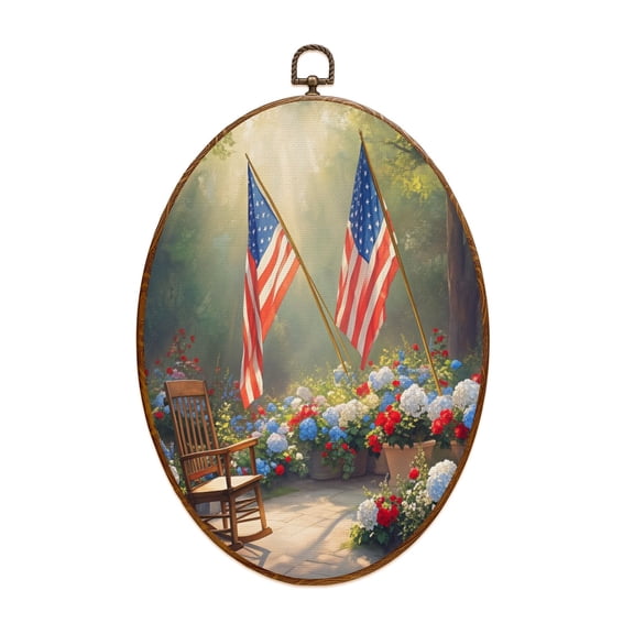 Canvas Wall Art Patriotic American Flags Colorful Flowers Independence Day Memorial Day Gift Oval Framed Canvas Prints Vintage Wall Hanging Decor for Home Decorations 8.6"x11.4"