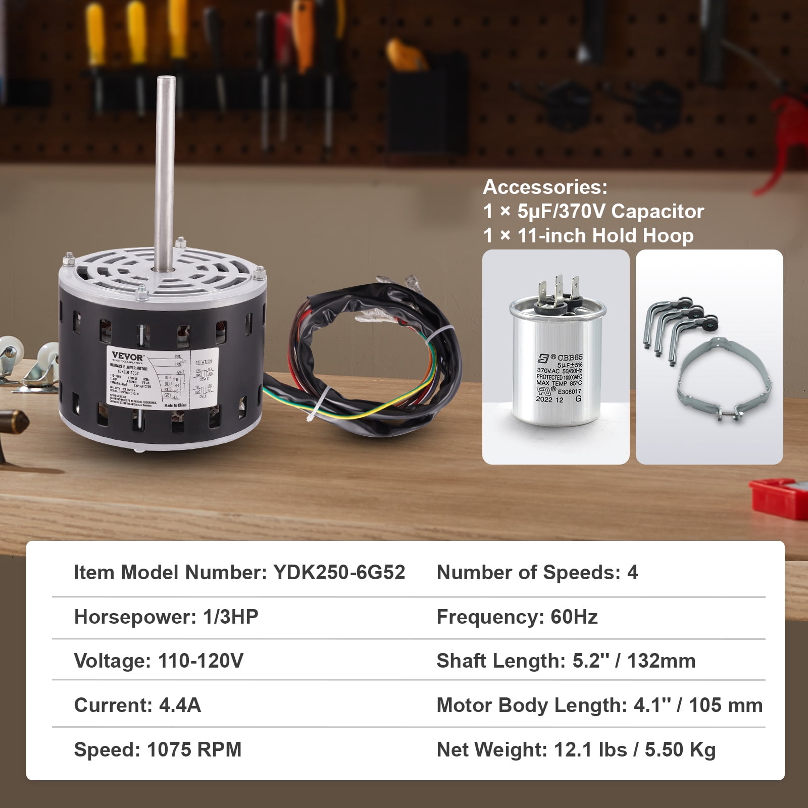 VEVOR 1/3HP Furnace Blower Motor, 110/120V 4.4Amps, 1075RPM 4 Speeds, CW/CCW Rotation, 48 Frame 5.2" Shaft Length, 5μF/370V Capacitor + 11" Hold Hoop