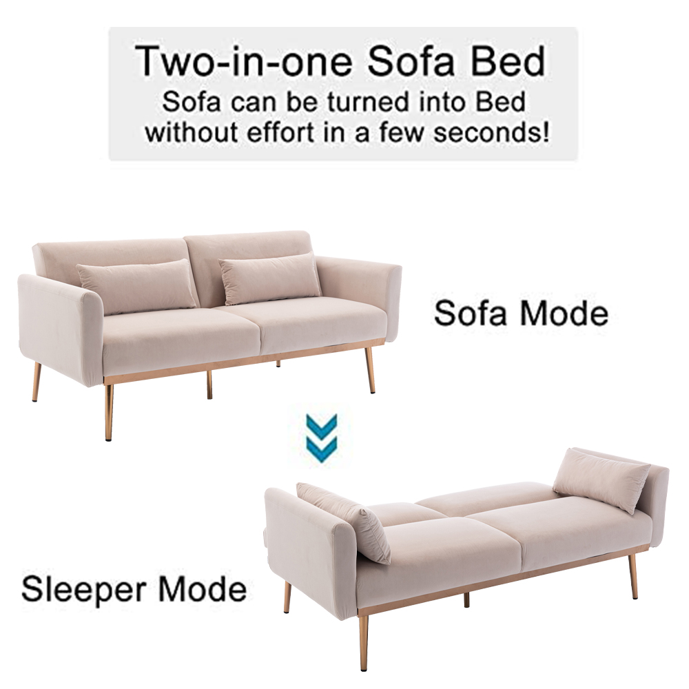 Beige Futon Couch, KAMIDA Convertible Sofa Bed with 2 Pillows, Velvet Sofa Bed Sleeper, Modern Futon Sofa Bed with Rose Golden Metal Legs, Heavy Duty Couch Furniture for Home Living Room Bedroom - image 4 of 10