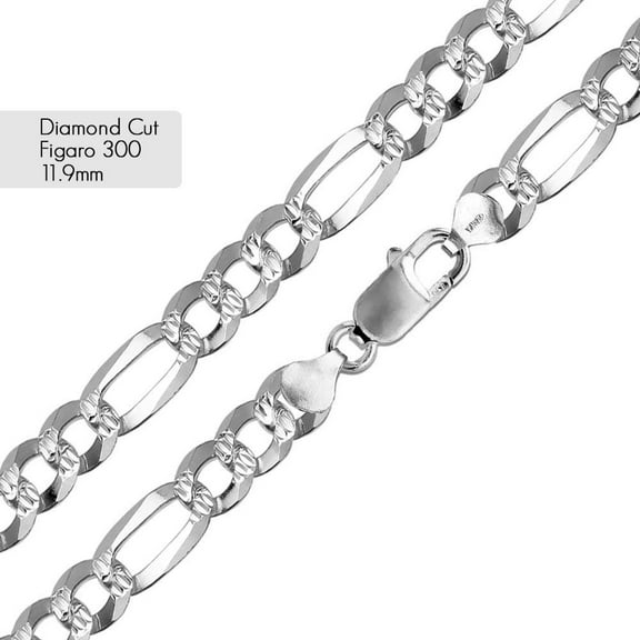 Sterling Silver 925 Diamond-Cut Figaro Pave 300 11.9mm Chain Made in Italy 26" Jewelry Female Unisex