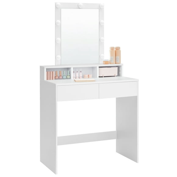 VASAGLE Vanity Desk, Makeup Vanity, Vanity Table with Large Mirror, LED Lights with Adjustable Brightness, 2 Drawers and 3 Compartments