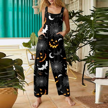 

Jiajiamaoyi Halloween Costumes Womens Casual Overalls Jumpsuits Adjustable Straps Sleeveless Summer Cute Comfy Rompers With Pocket Black XXL
