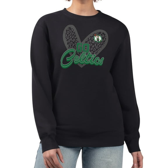 Women's G-III 4Her by Carl Banks  Black Boston Celtics Leopard Heart Fleece Pullover Sweatshirt
