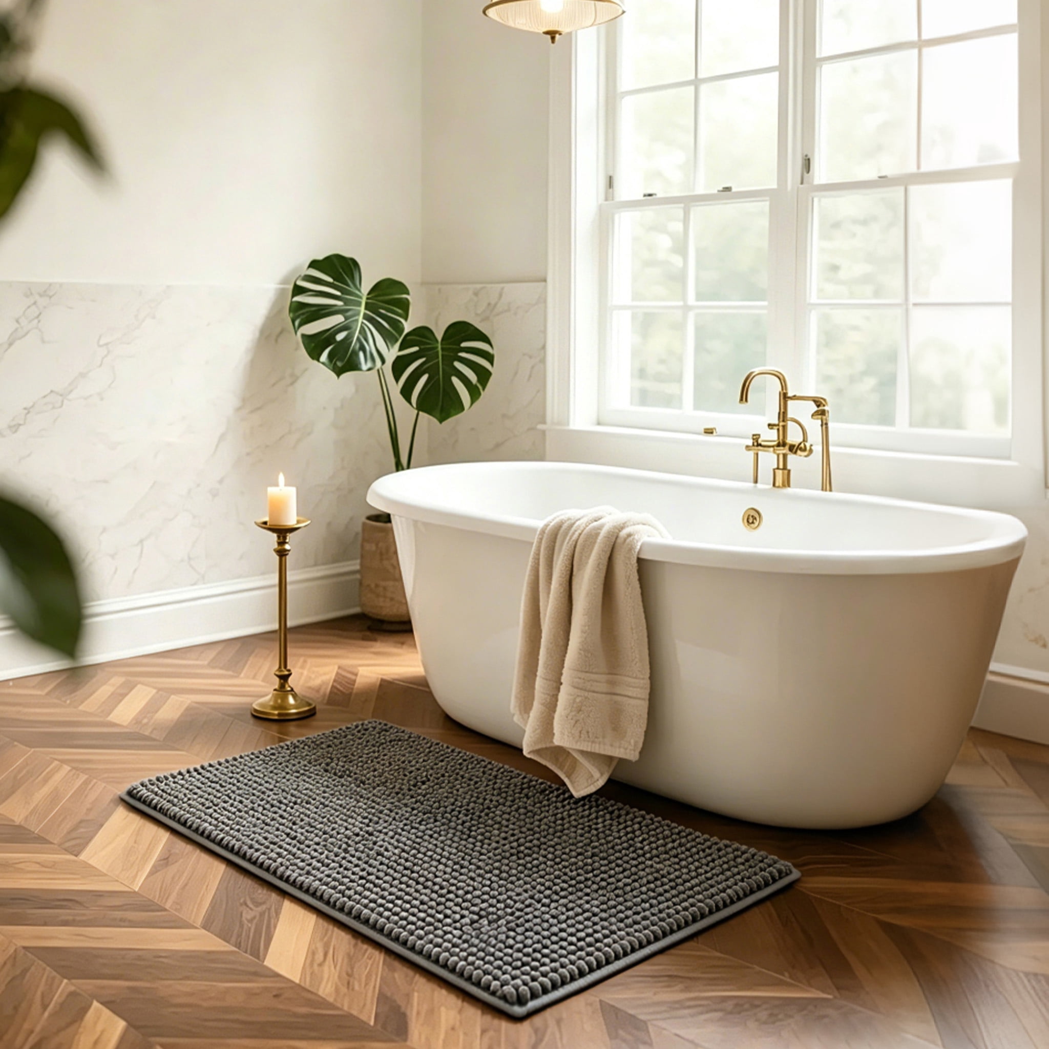 3 Pieces Bath Mat Set, Soft Chenille Bathroom Rugs Mat, Absorbent Spa Shaggy Bath Rugs Set, Machine Washable & Non Slip Bath Mats for Bathroom, Tub, Shower（Dark grey）