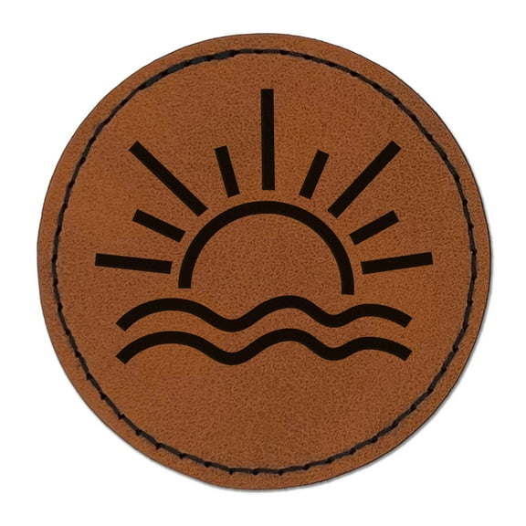 Sun and Waves Sunrise Sunset 2.5" Faux Leather Round Engraved Iron-On Patch - Brown