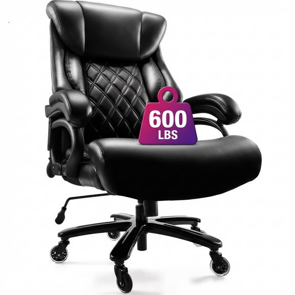 Bananova Big and Tall Office Chair 600 LBS, Ergonomic Executive Desk Chair with Adjustable Lumbar Support, Extra Wide PU Leather Seat Cushion, Heavy Duty Swivel Task Chair for Home Office, Black