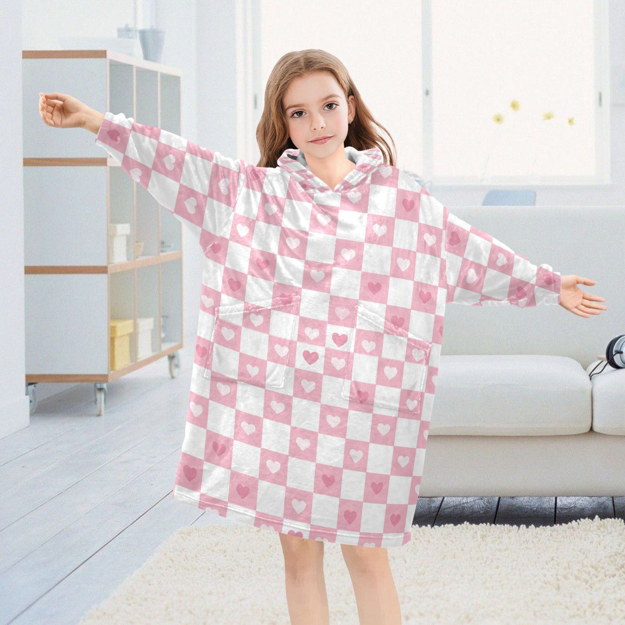 FORMRS Wearable Blanket Hoodie with Sleeves for Kids Cozy Flannel Sweatshirt, Pink Checkered Heart