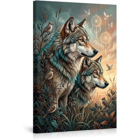 Wolf Pair Canvas Wall Art Wildlife Poster with Dreamcatchers and Birds Nature Landscape Pictures Animal Artwork for Living Room Bedroom Home Office Decorations