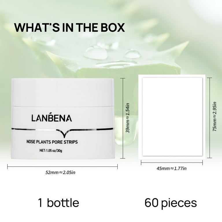 Lanbena Aloe Blackheads Remover Cream Nose Pore Strips Face Mask 30g+60 Pcs, Size: 30g+60 pcs paper, White