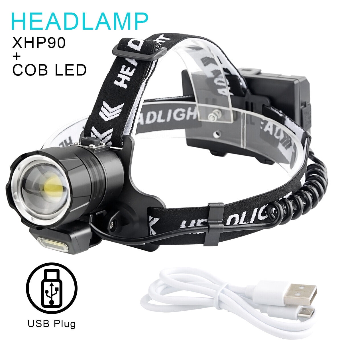 Powerful Xhp90 Led Headlamp,3 Modes Waterproof Zoom Headlight,usb