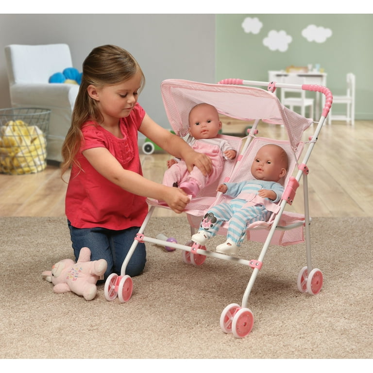 Badger Basket Folding Double Doll Umbrella Stroller Pink Gingham