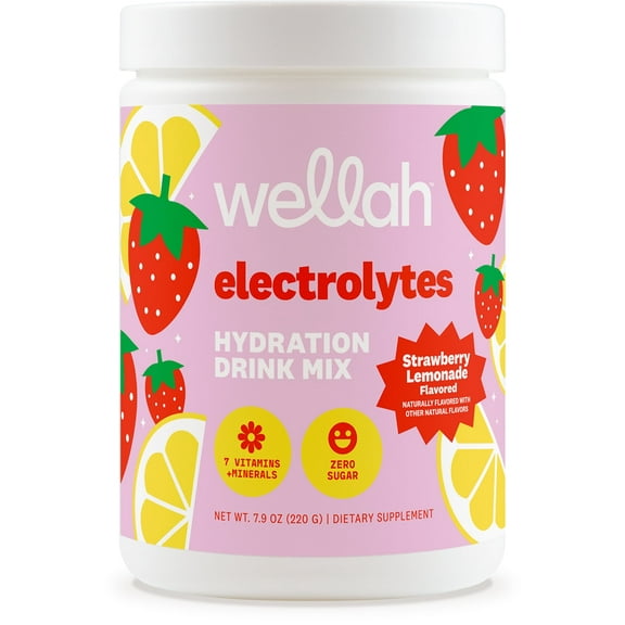 Wellah Electrolytes Powder (Strawberry Lemonade) 50 Servings - Hydration Drink Mix, 7 Vitamins & Minerals, Zero Sugar