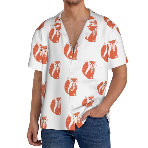 Fotbe Orange Fox Camisa Estampada de Manga Corta para Hombre, Casual de Verano, Estilo Playero, Sin Arrugas-X-Large
