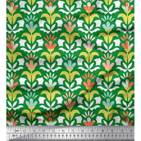 Soimoi Green Silk Fabric Florals Floral Print Sewing Fabric Yard 42 Inch Wide