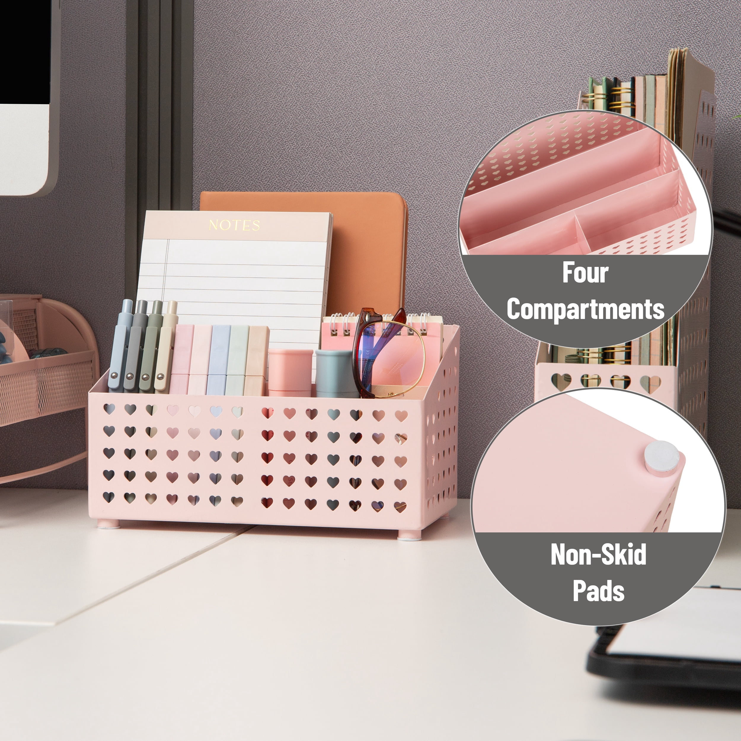 Mind Reader Pink Metal Desktop Organizer with Heart Design