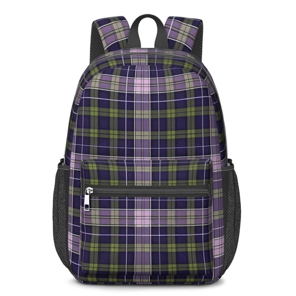 Blue and Green Checkered Pattern 17" School Backpacks for Teens,Waterproof Oxford Fabric,S-Shape Padded Straps for School,Travel,Hiking,Camping