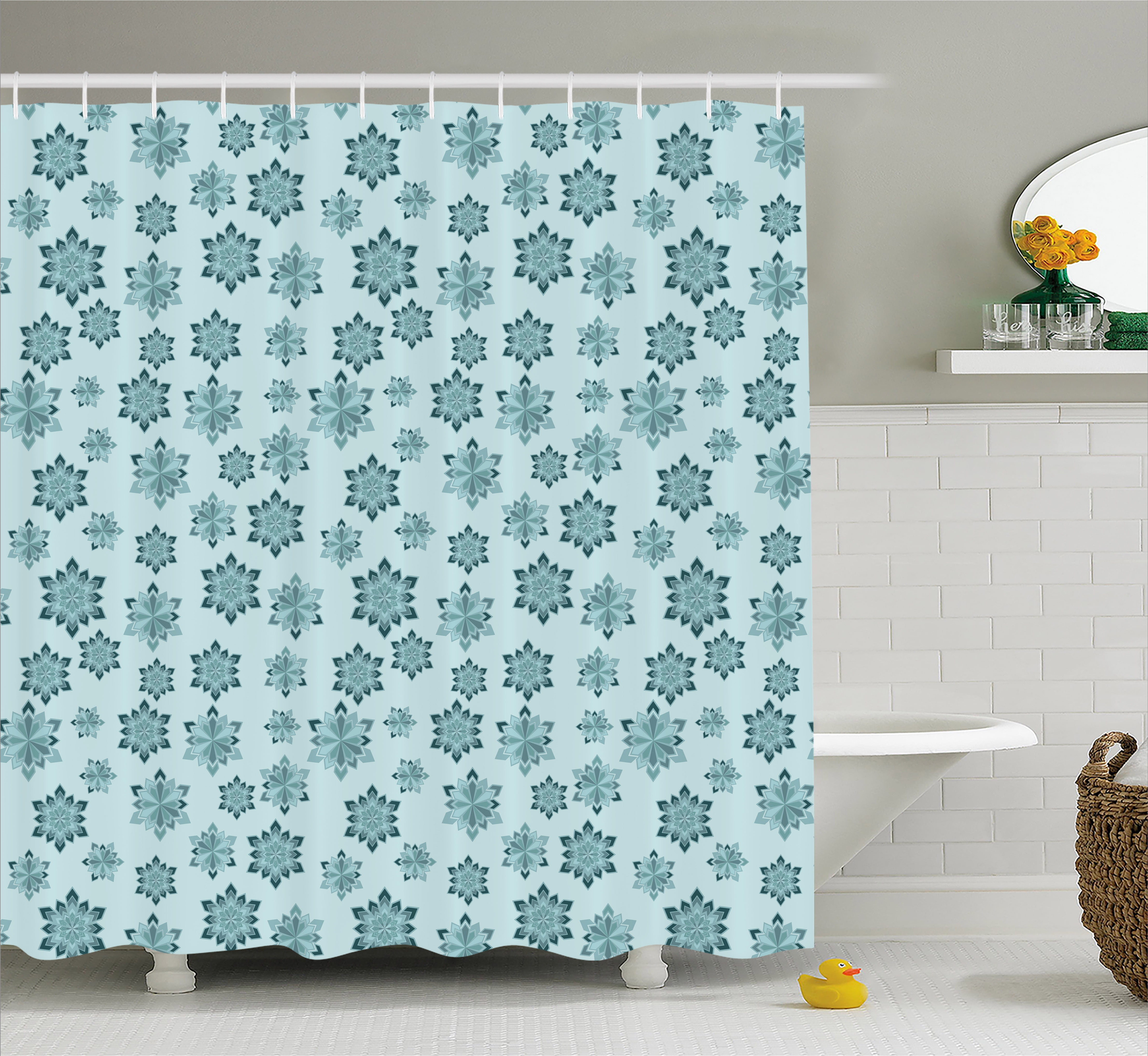 Teal Shower Curtain, Wintertime Inspiration Ornate Abstract Snowflakes
