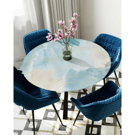 

Tablecloth Round Fitted Marble Line Gradient Gray Elastic Edged Table Cover Protector Cloth Waterproof Polyester Rectangle