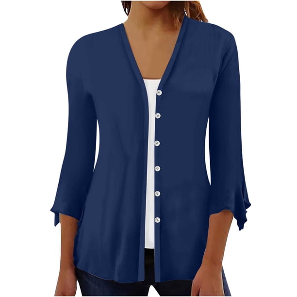 ICHUANYI Liquidación Cárdigan de manga abombada con estampado floral para mujer, blusa holgada, manga 3/4, con volantes y botones frontales abiertos ICHUANYI WER202308256218