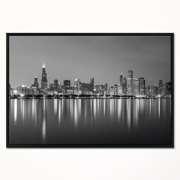 Design Art La Ligne D'Horizon De Chicago La Nuit En Noir Et Blanc  Sur Toile Encadrée